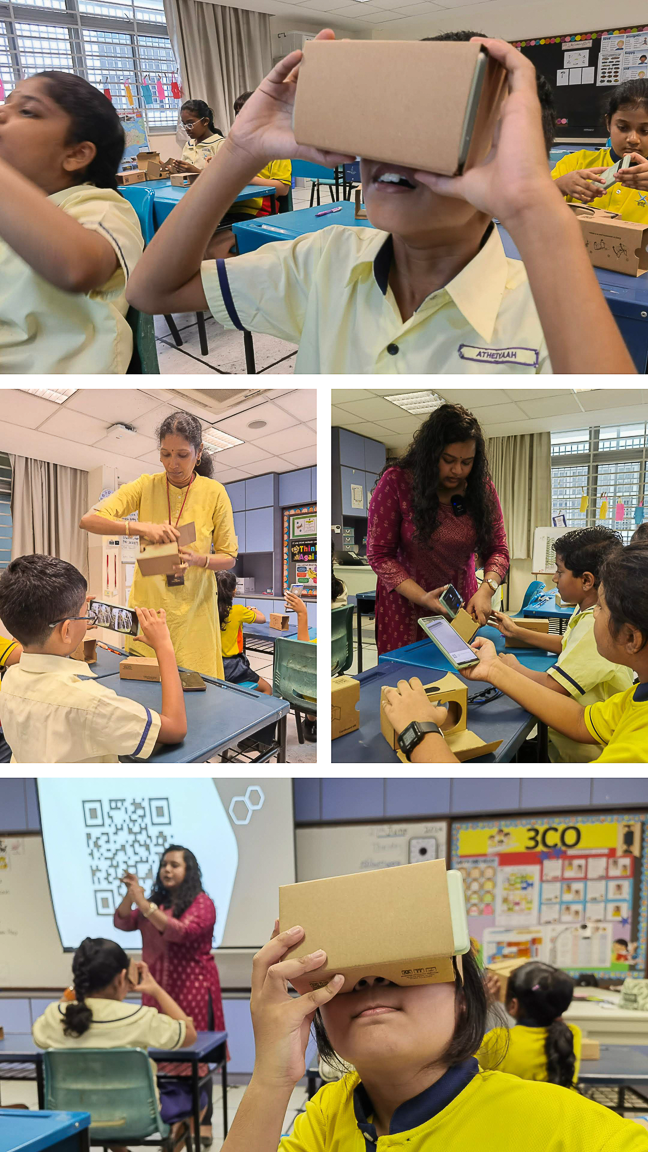 Students in yellow uniforms use cardboard VR headsets in a classroom while teachers assist with tablets nearby.