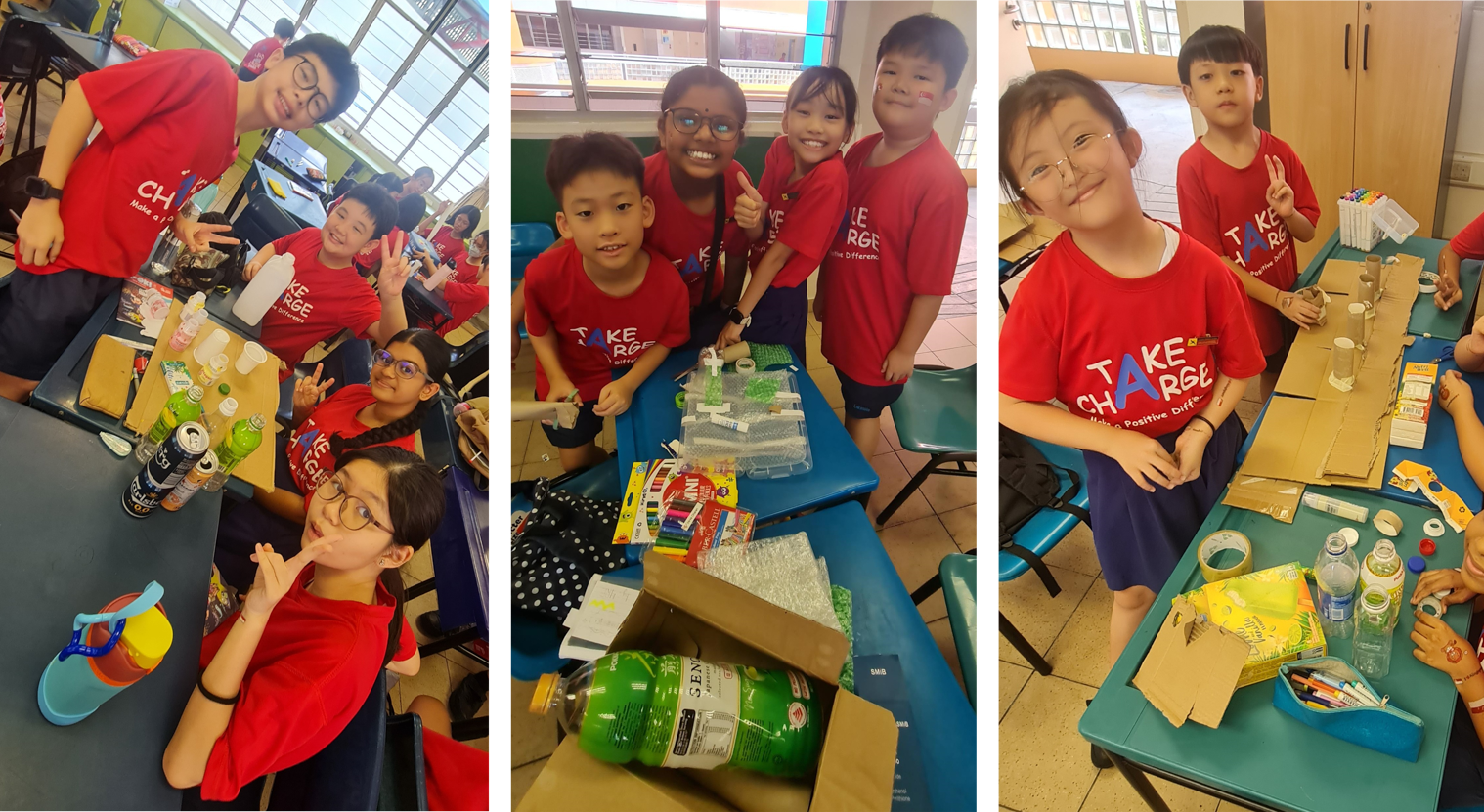 Children in red Take Charge shirts pose and smile at tables covered with craft supplies and recyclable materials.