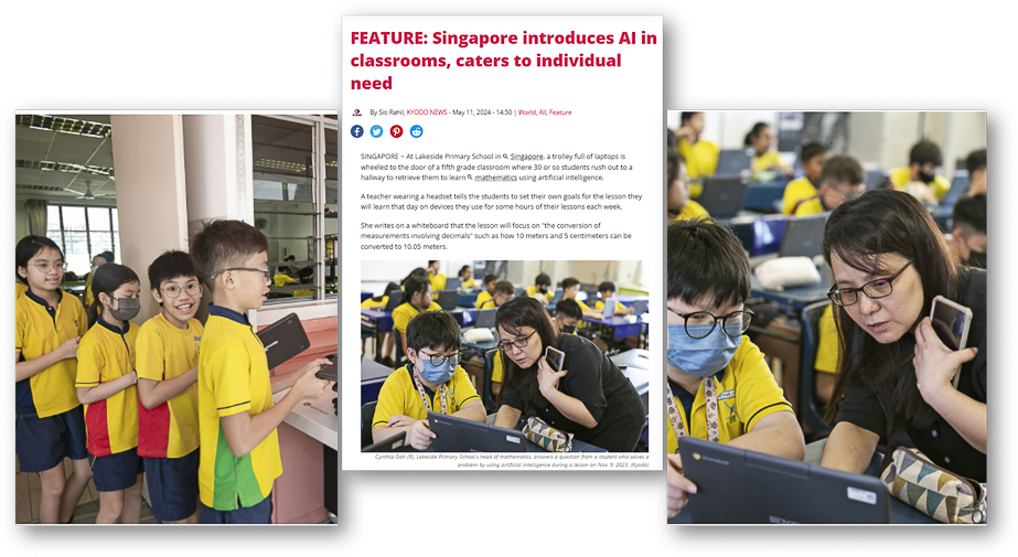News article about Singapore introducing AI in classrooms, with photos of students and teachers using tablets.