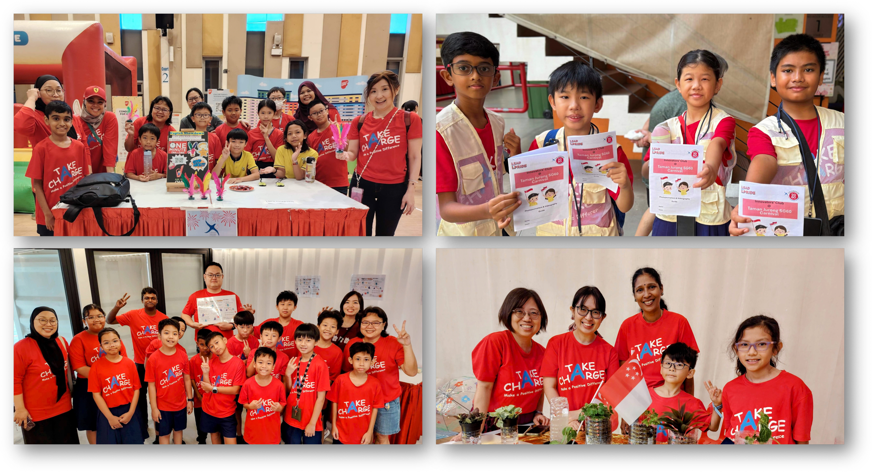 Four photos of children and adults in red Take Charge shirts at community events, posing and holding booklets.