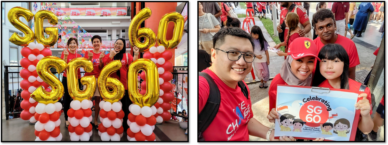 People in red shirts celebrate Singapore's 60th anniversary with gold SG60 balloons and a Celebrating SG60 sign.