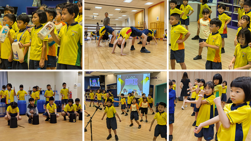 Six photos of young children in yellow uniforms doing activities including gymnastics, drumming, and dancing indoors.