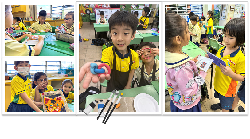 Young students in yellow uniforms doing art activities including clay work, painting, and crafts in a classroom.