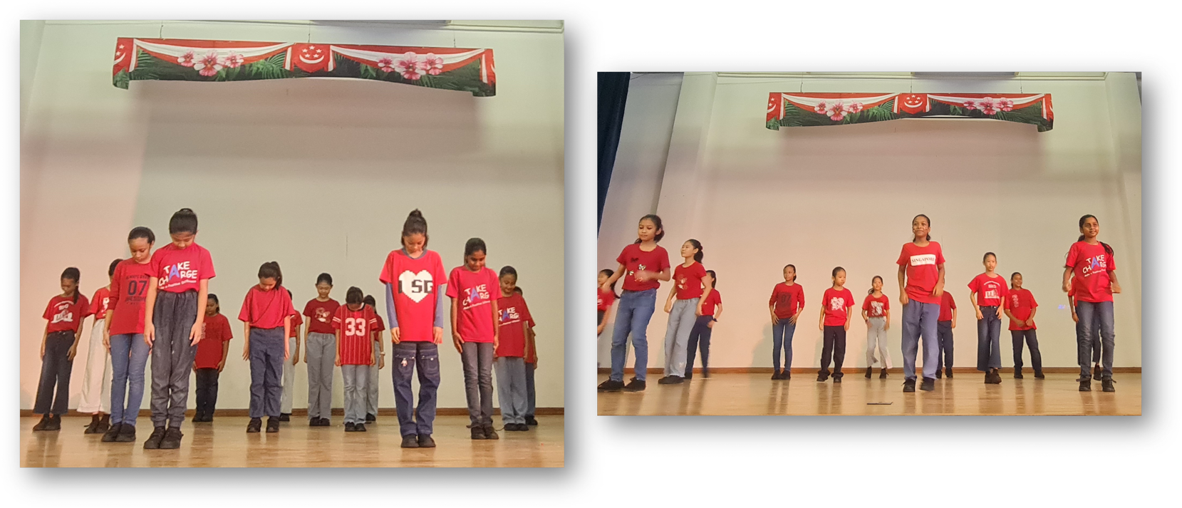 Children in red shirts perform on a stage decorated with Singapore flag banners in two side-by-side photos.