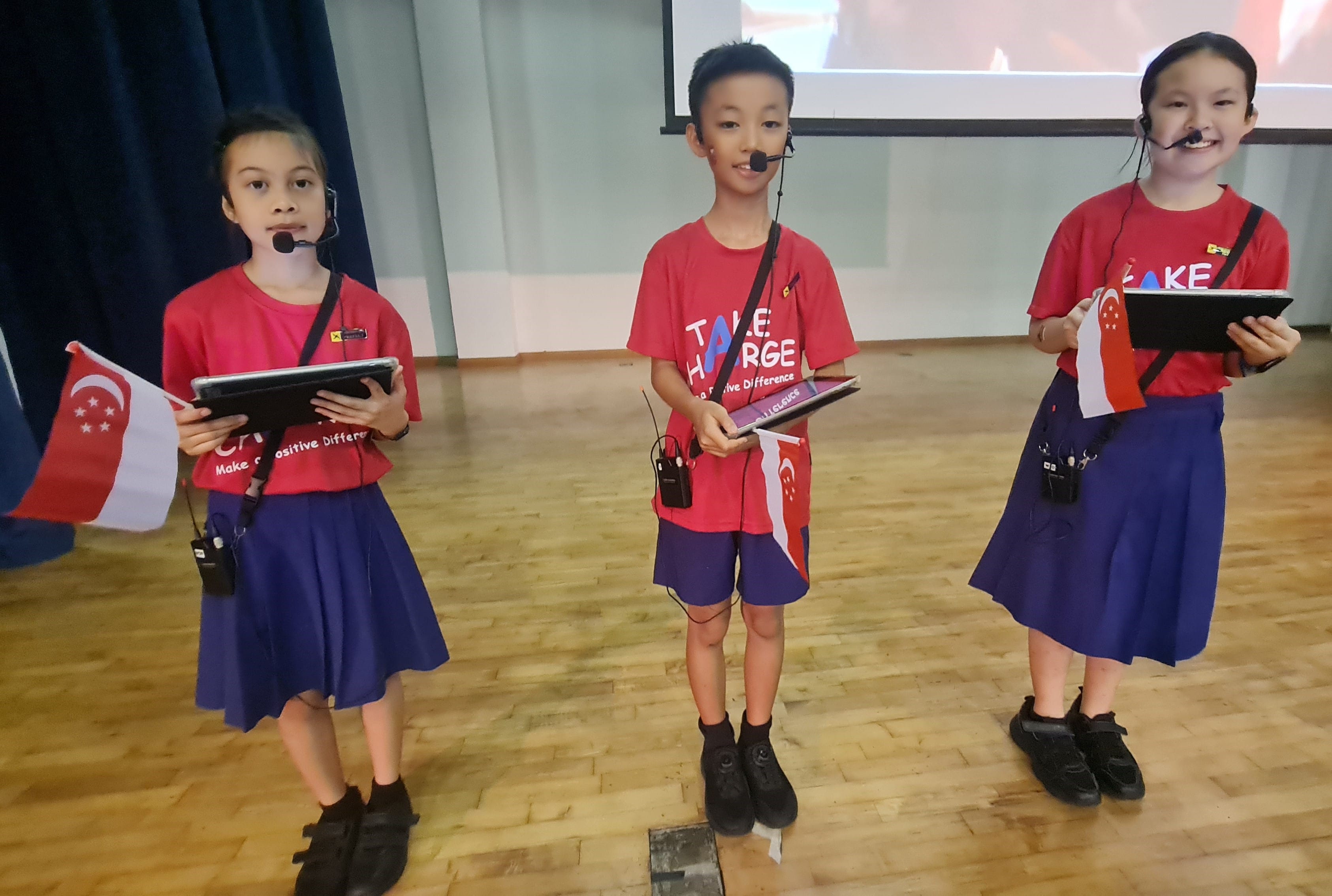 Our lovely emcees (Sofea from 3 Perseverance, Branson from 4 Perseverance and Mun Yi from 4 Respect) hosting the National Day concert
