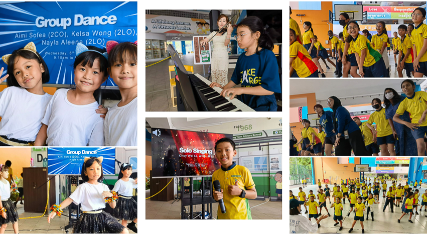 Collage of school children performing group dances, solo singing, and piano playing at a school event.