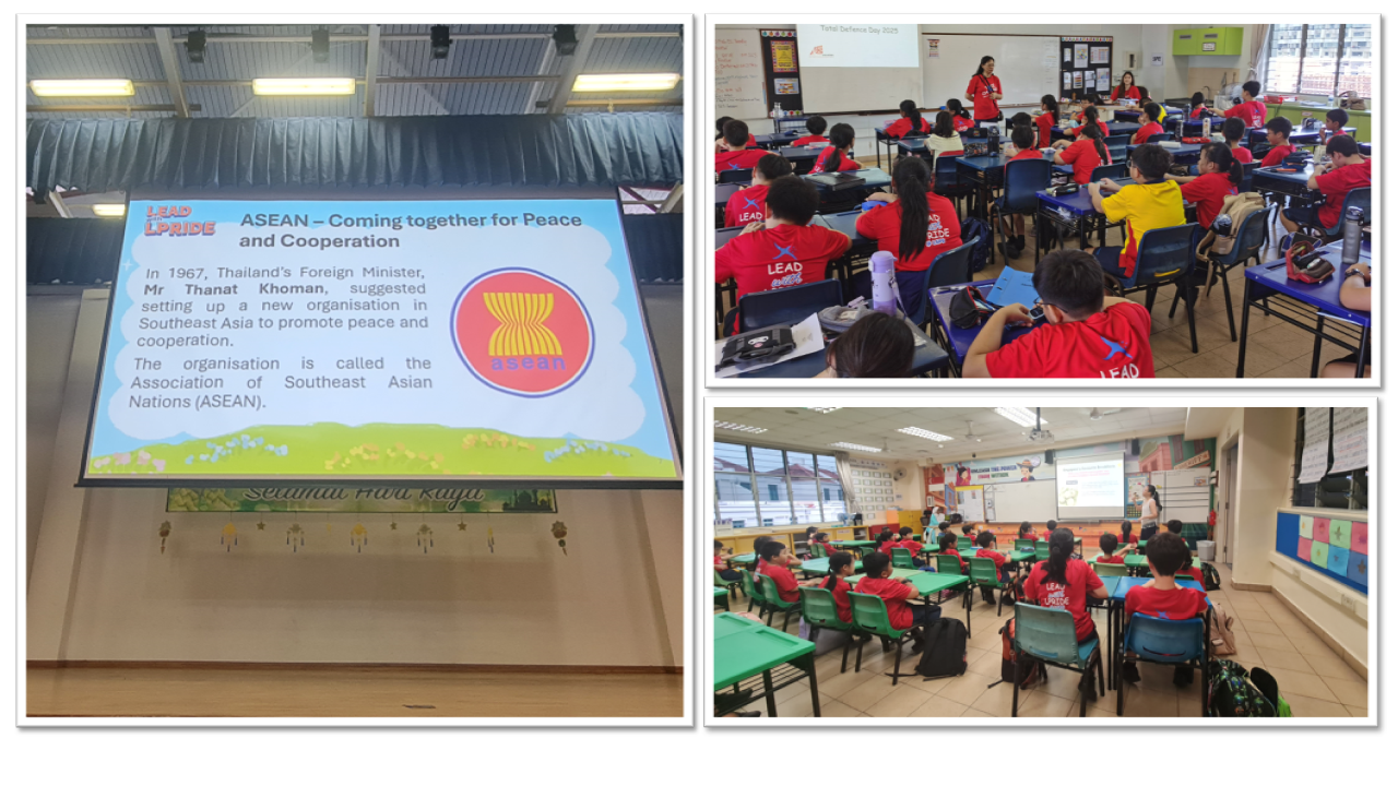 Students in red shirts attend classroom lessons with an ASEAN slideshow displayed on a projector screen.