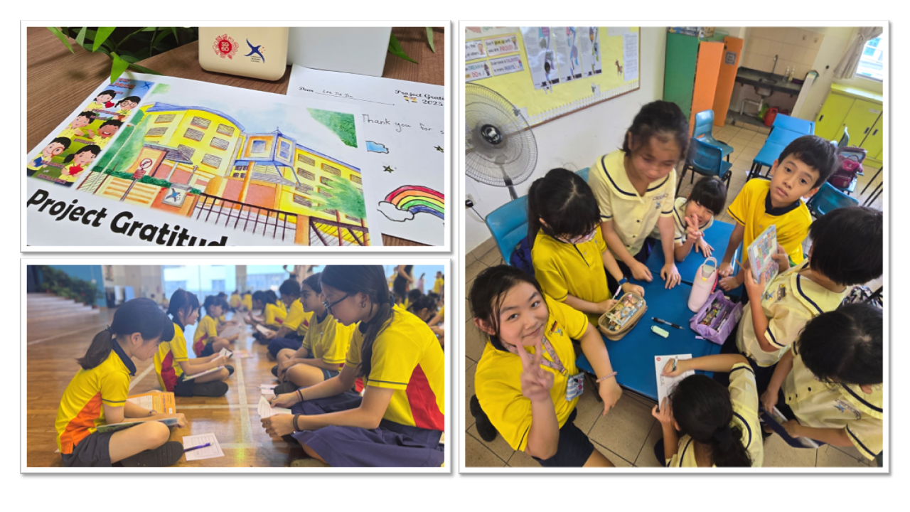 Students in yellow uniforms participate in Project Gratitude, writing notes and gathering in a classroom.