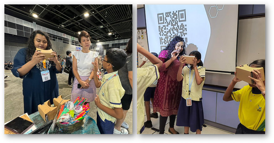 Student Confidently Reflects on His VR Learning Journey @ MTL Symposium in Suntec (left). Exploring the World Through VR Goggles (right).