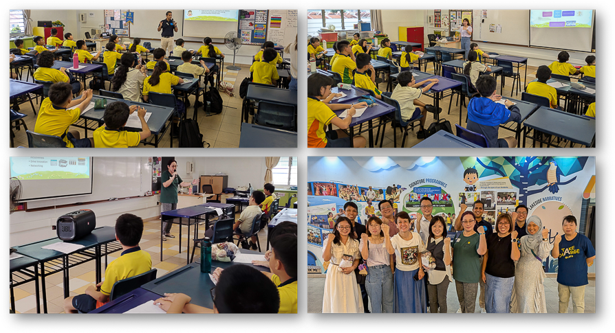 Four photos showing students in yellow uniforms in classrooms with teachers presenting, and a group of adults posing together.