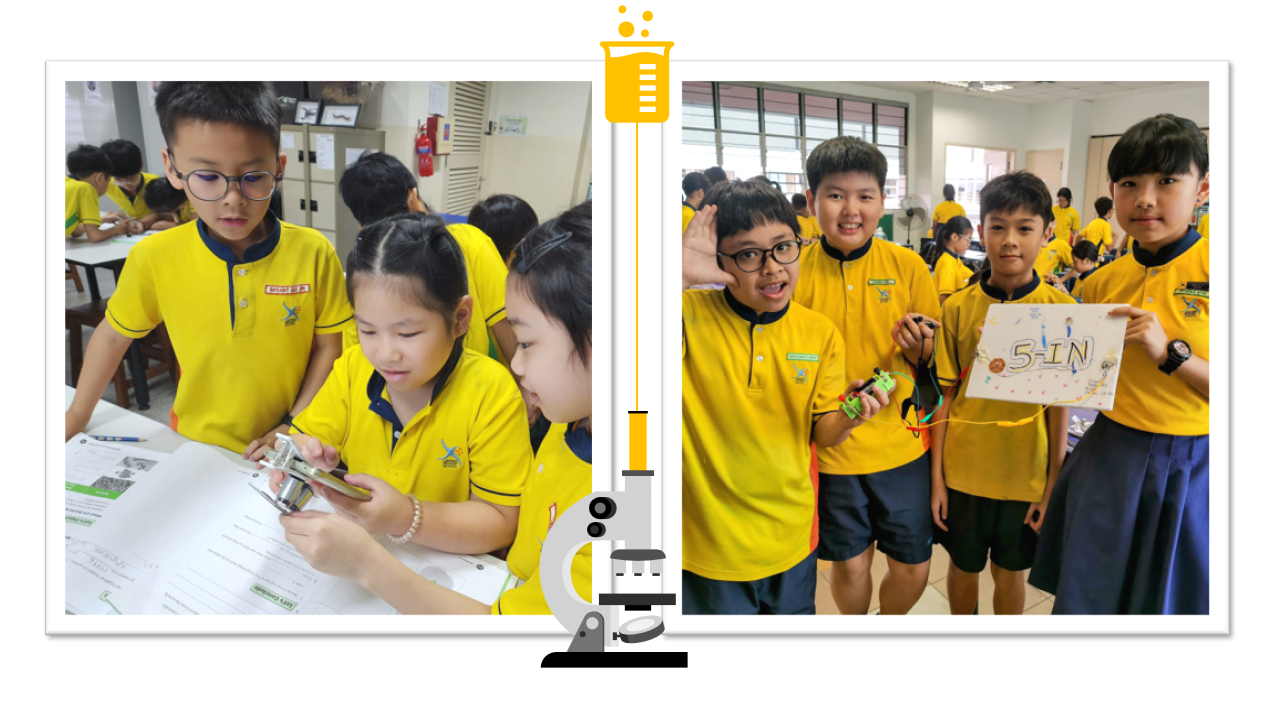 P3 students observing specimens using clip-on microscopes during a Science lesson (Left). P5 students working collaboratively to design and create an Electric Buzz Wire Maze game during a STEM activity (Right)