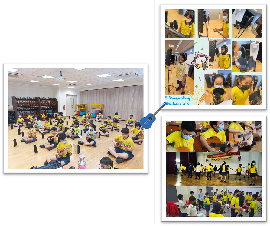 Children in yellow shirts play ukuleles, record vocals, play guitar, and dance in various school music activities.