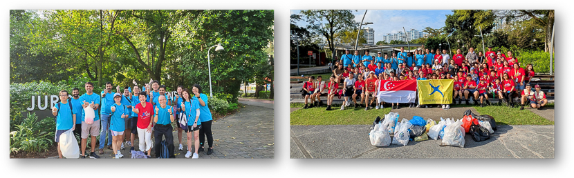 Two group photos of volunteers in blue and red shirts outdoors, with collected trash bags visible in the right photo.