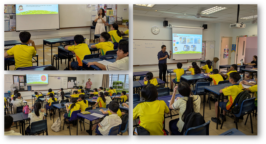 Students in yellow uniforms sit at desks watching teachers present slideshows on projector screens in three classroom scenes.