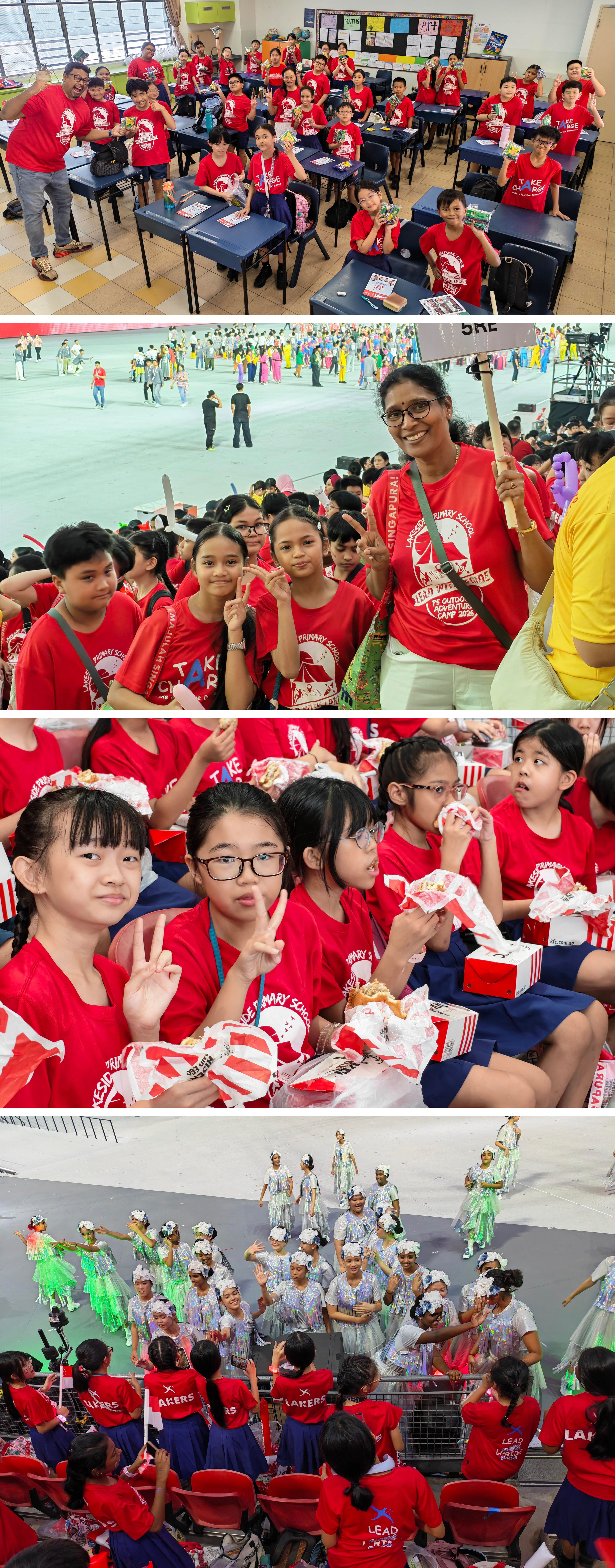 Primary 5 students dressed in red enjoy their National Education Show experience, posing together before the event and having their meals while seated at the venue.