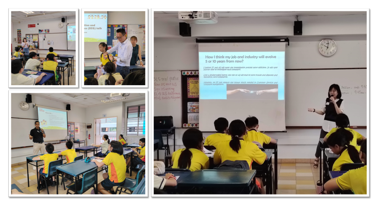 Four classroom photos showing adults presenting to students in yellow uniforms seated at desks with projected slides.