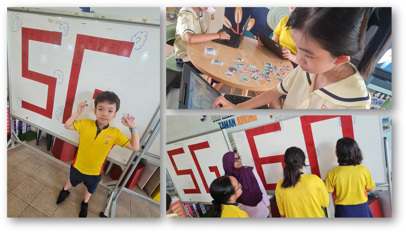 Students in yellow uniforms doing classroom activities near whiteboards with large red SG60 letters and math problems.