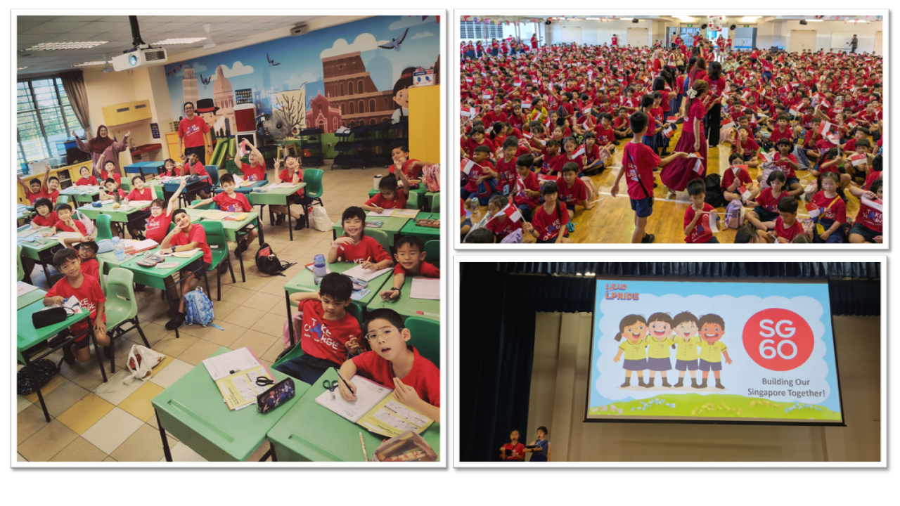 Three scenes: children in red shirts in a classroom, a large school hall assembly, and an SG60 celebration slide.