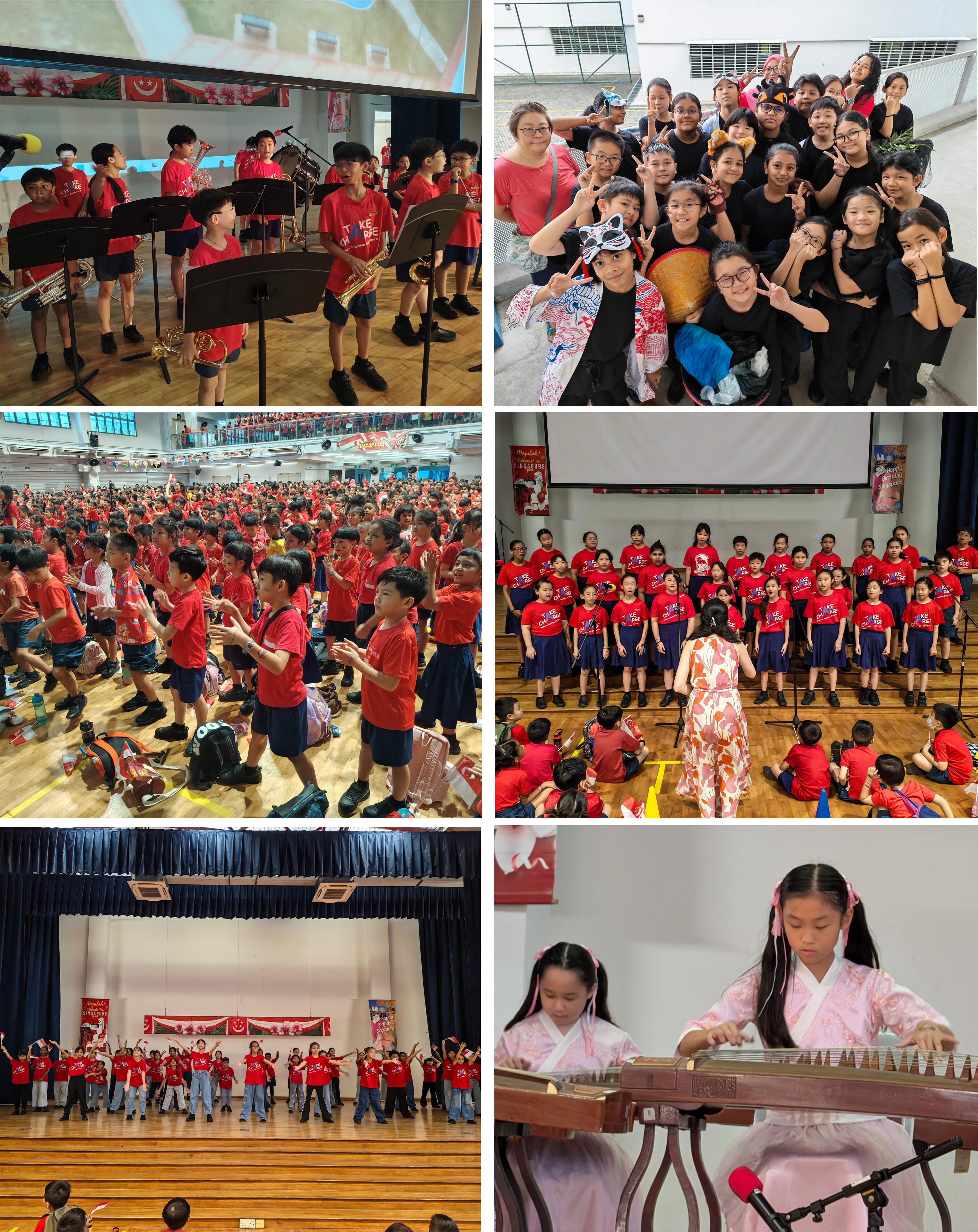 Students perform a variety of music and dance items on stage as part of the school’s National Day concert, celebrating Singapore through lively and engaging performances.