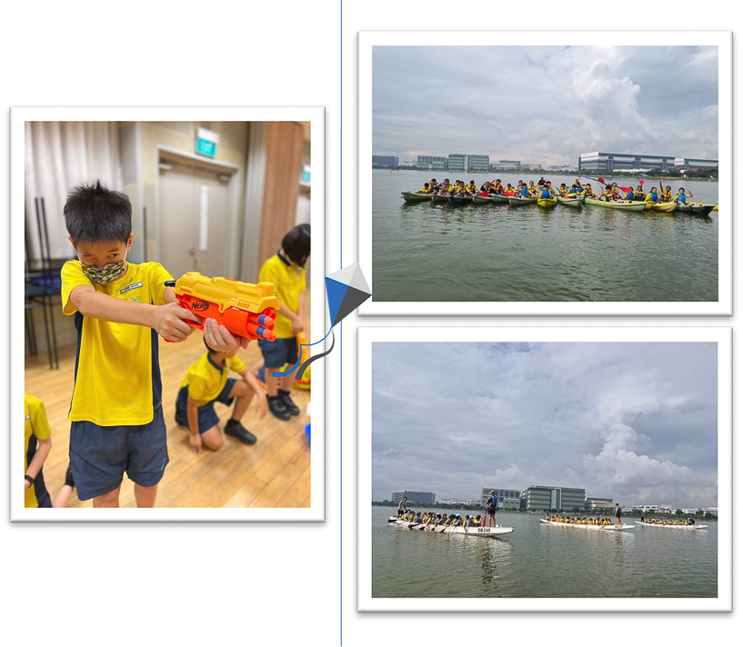 Three photos show children in yellow shirts playing with a Nerf gun indoors, kayaking, and paddleboarding on a river.