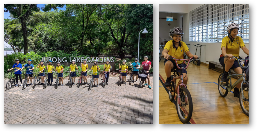 Cycling Expedition to Jurong Lake Gardens (Left). Students Developing Cycling Skills in School (Right)