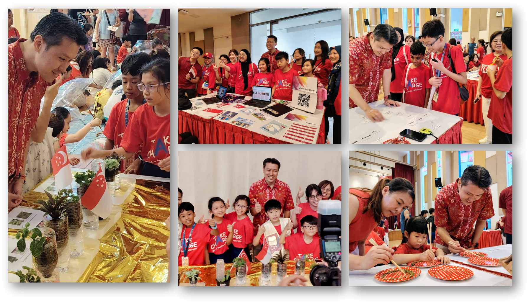 Children and adults in red shirts at a community event with activity booths, Singapore flags, and crafts.