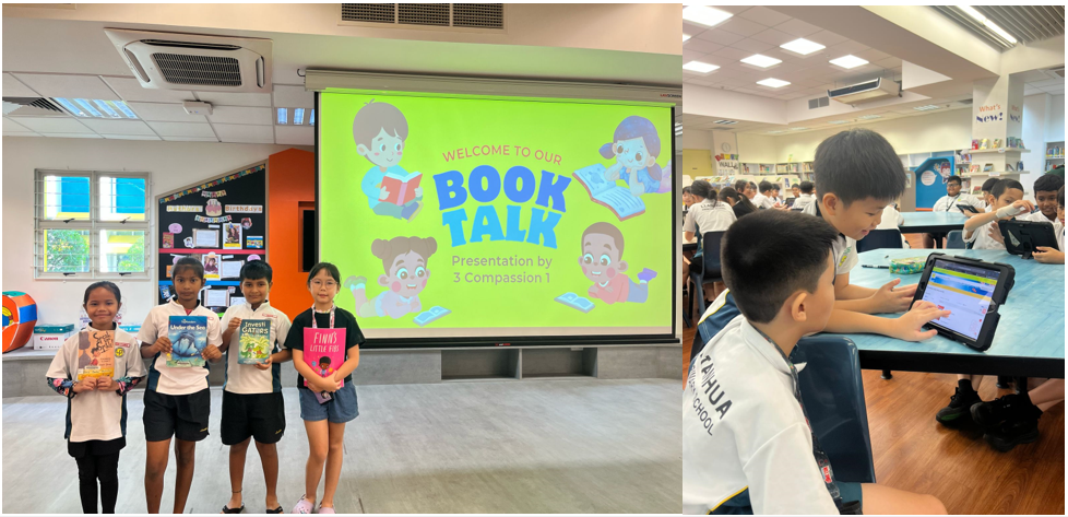 Four students hold books before a Book Talk presentation slide; right side shows students using tablets in a library.