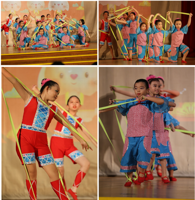 Children in colorful traditional costumes perform a ribbon dance on stage in four photos.