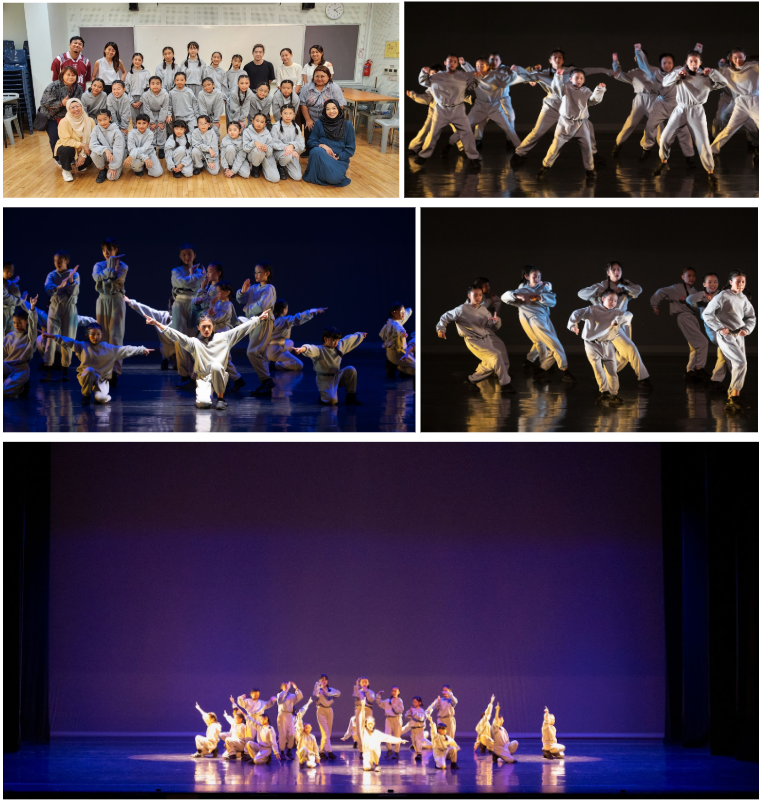 A youth dance group poses for a photo, then performs energetic routines on a dark stage in gray costumes.