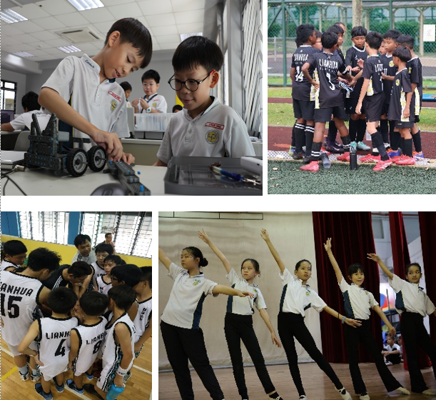 Four school activity scenes: students building a robot, a soccer team huddle, a basketball team huddle, and girls dancing on stage.
