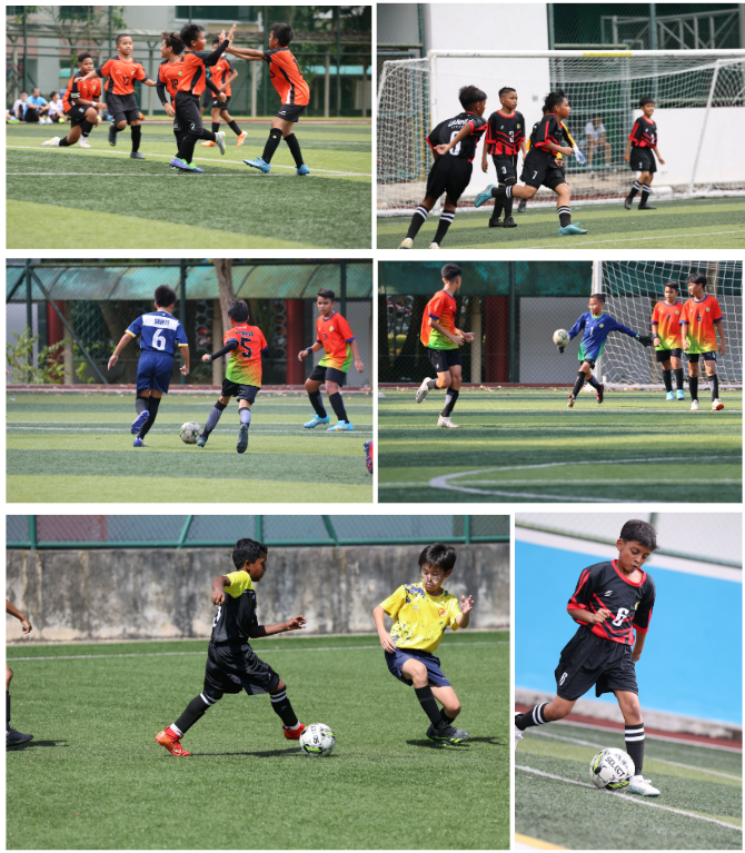 Six photos of young children playing soccer in various colored uniforms on green fields.