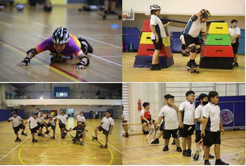 Four photos of children in a gym doing activities: skateboarding lying down, climbing foam blocks, posing on skateboards, and holding tennis rackets.