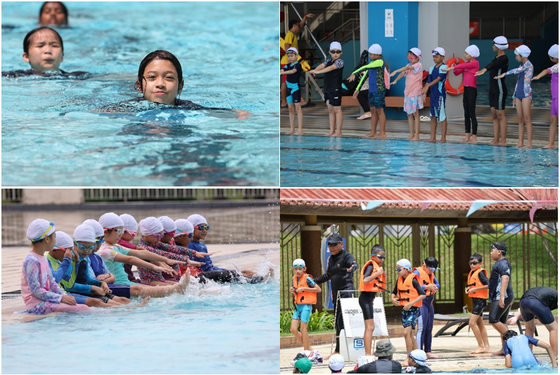 Four scenes of children at a swim class, showing kids in a pool, lined up poolside, kicking water, and wearing life jackets.