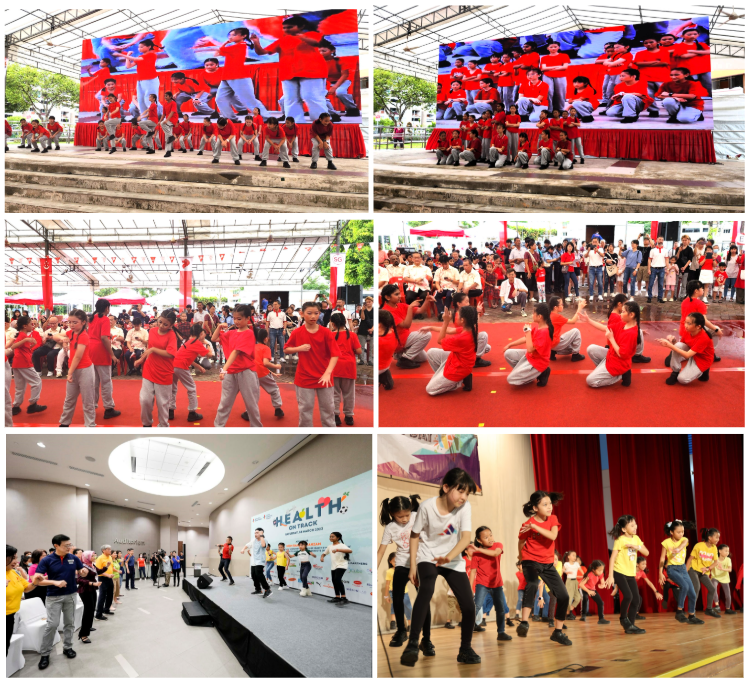 Children in red shirts performing group dances on various stages at multiple indoor and outdoor events.