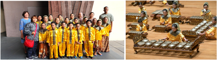 Children in golden traditional outfits pose for a group photo, and play gamelan instruments on a wooden stage.