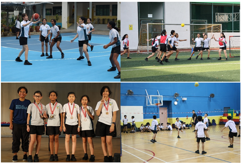 Four-panel collage of school students playing basketball, soccer, posing with medals, and playing badminton indoors.