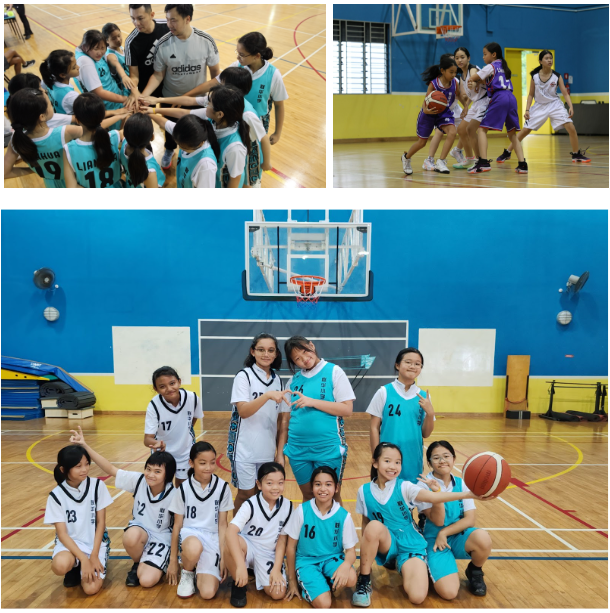 Young girls in teal basketball uniforms huddle with a coach, play a game, and pose as a team on an indoor court.