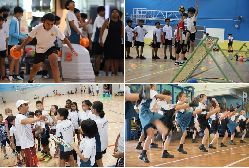 Four scenes of children doing sports indoors: bowling, throwing a ball, tennis coaching, and a martial arts group kick.