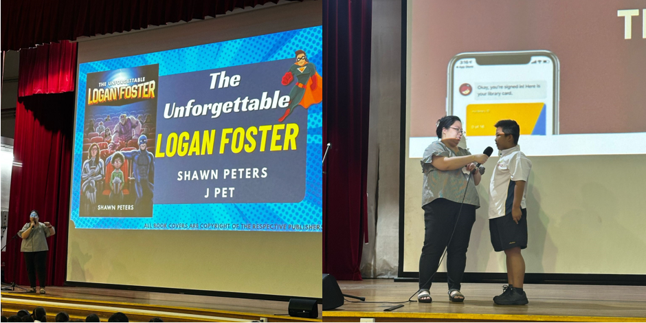 Two people on stage with a projected slide showing the book "The Unforgettable Logan Foster" by Shawn Peters.