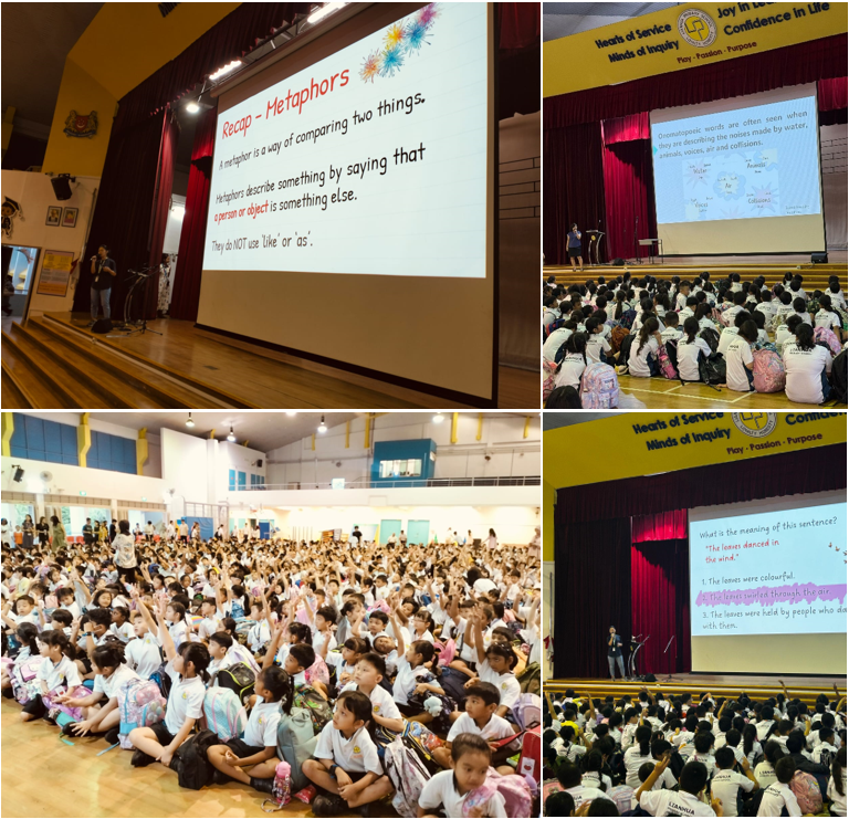 Four school assembly scenes showing students seated on a floor watching projected English lesson slides about metaphors.