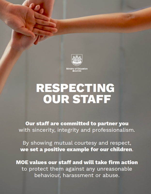 Singapore Ministry of Education poster titled Respecting Our Staff, with joined hands at top and text about staff values.