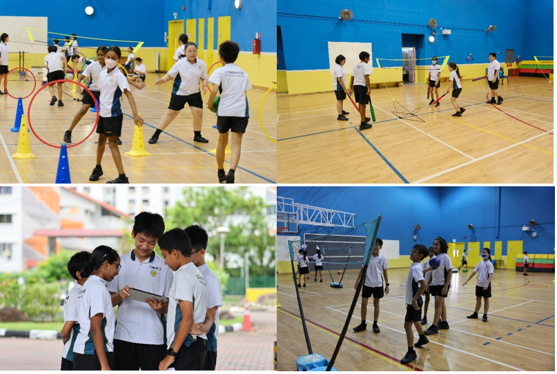 Four photos of school children in white uniforms doing physical activities indoors and outdoors, including drills and tablet use.