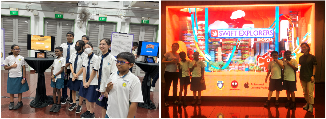 Students in school uniforms pose near displays and in front of a glowing Swift Explorers Singapore sign.