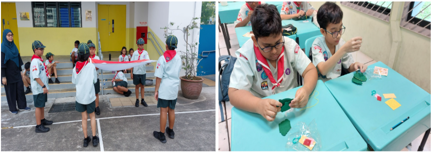 Boy scouts in uniform holding a flag outdoors, and two scouts working with craft materials at a desk indoors.