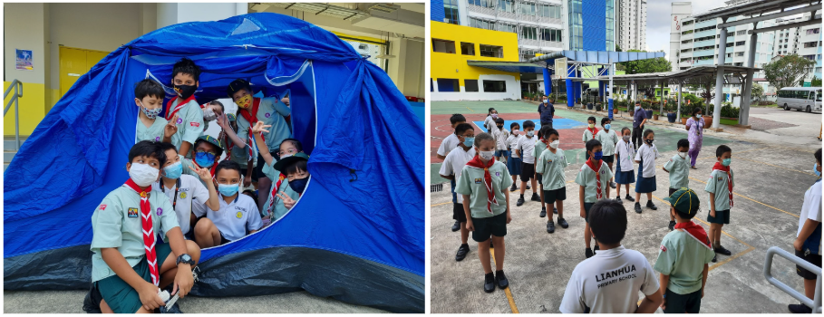 Children in scout uniforms and masks pose inside a blue tent, while others stand in a school courtyard.