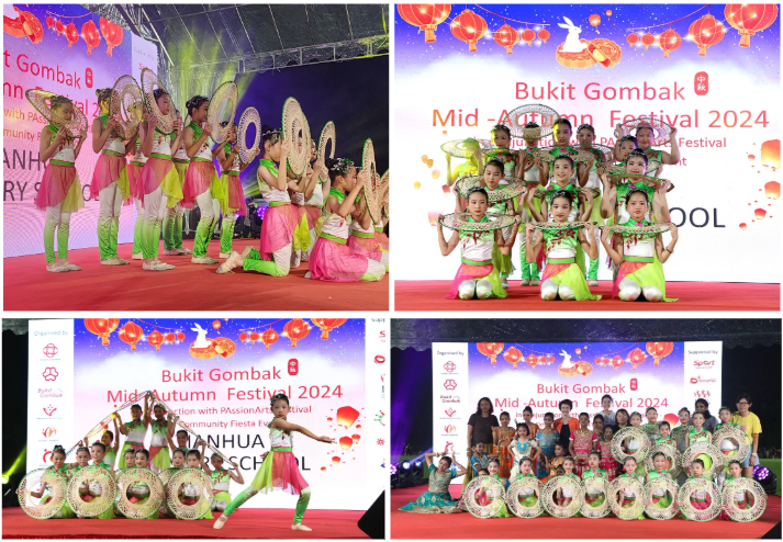 Children in colorful costumes perform and pose with decorative fans at Bukit Gombak Mid-Autumn Festival 2024.