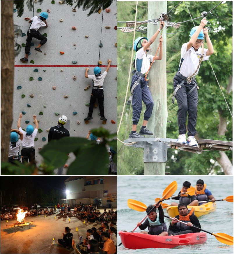 Four camp activity scenes: students rock climbing, on a high ropes course, gathered around a campfire, and kayaking.