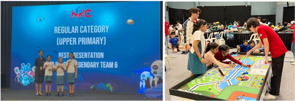 Students stand on a stage at an NRC robotics event; others work on a colorful robot competition mat nearby.