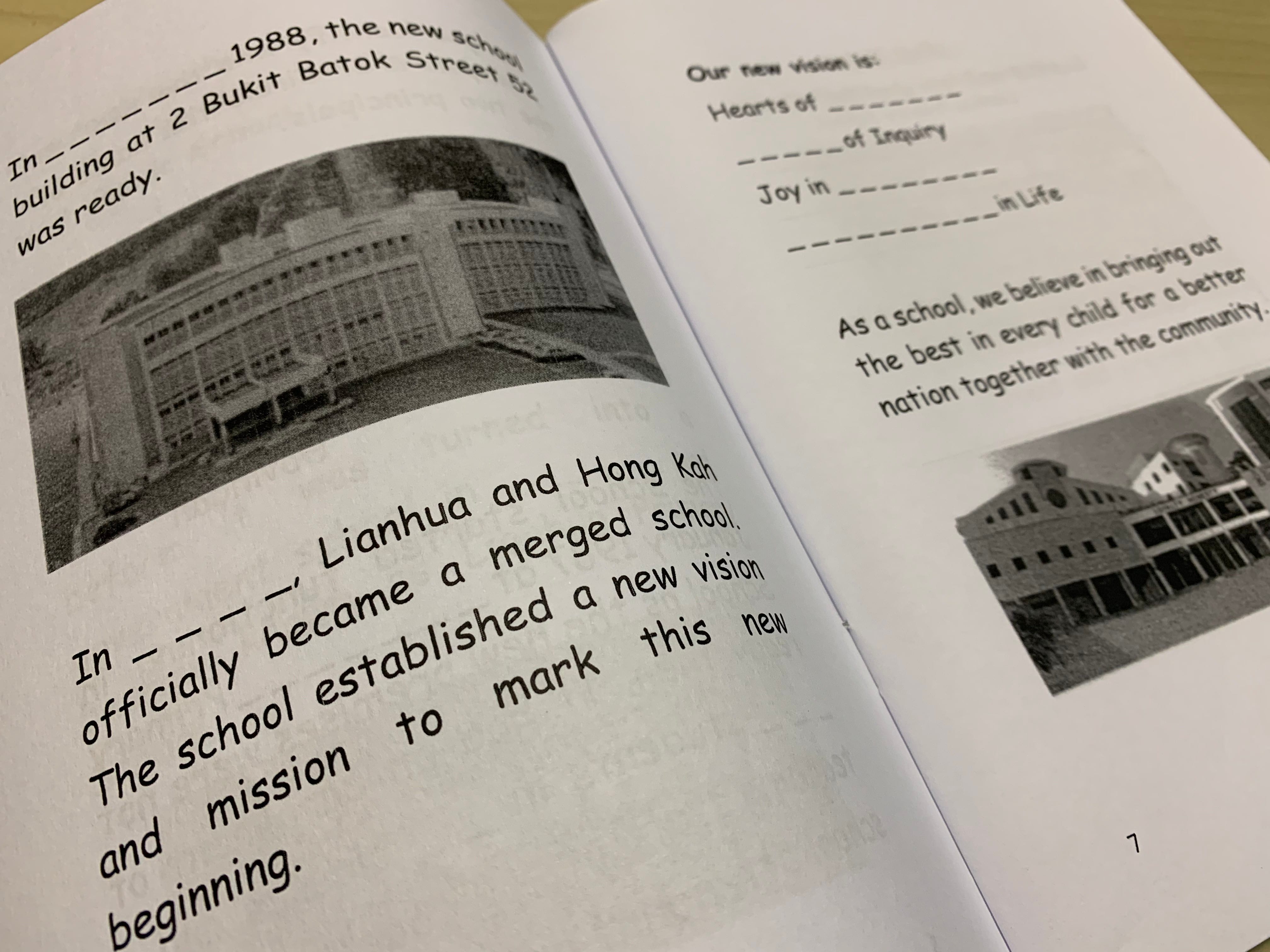 An open booklet about Lianhua and Hong Kah schools merging, with black-and-white building photos and fill-in-the-blank text.