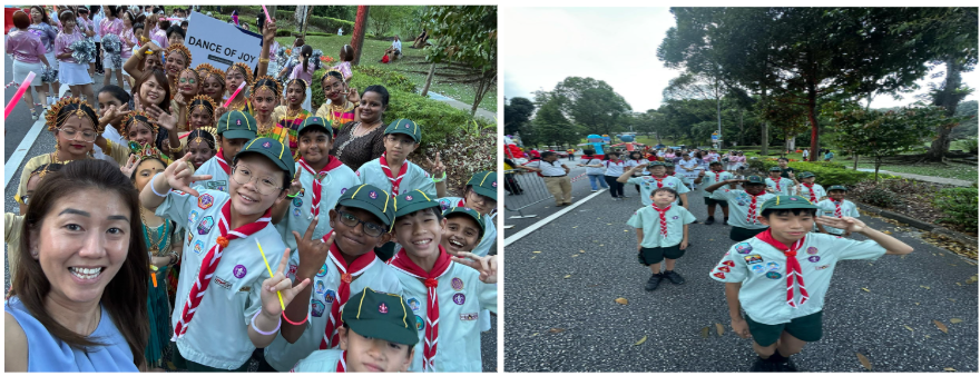 Children in scout uniforms and traditional costumes pose for a selfie near a Dance of Joy sign, and march on a road.